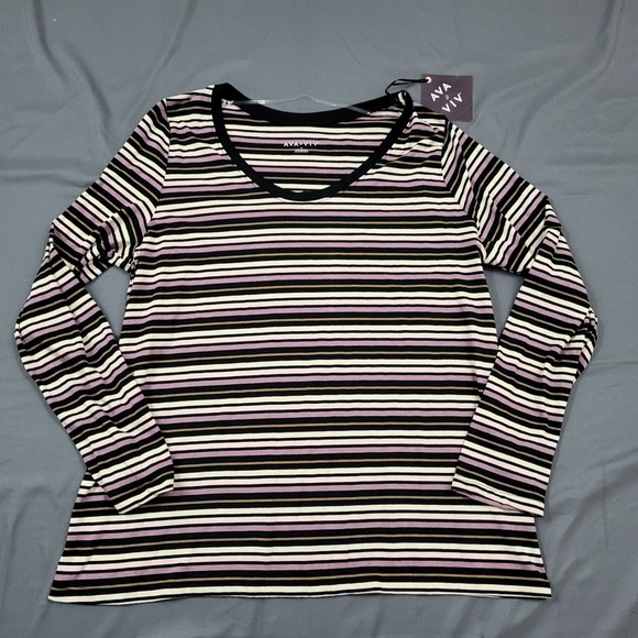 Ava & Viv Tops - Ava & Viv Womens 1X Striped Long Sleeve Scoop Neck Tee Black Purple Pink NEW